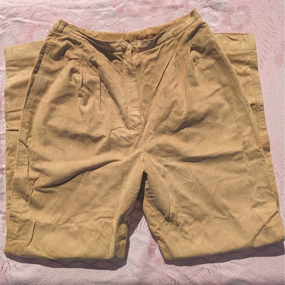 Vintage 80s Tan Suede Pants Women's 6 Small Pleated Straight Leg Trousers USA